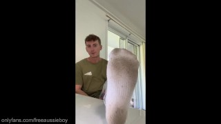Dominant Aussie boy shows his dirty socks and soft juicy feet