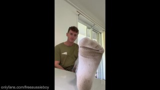 Dominant Aussie boy shows his dirty socks and soft juicy feet