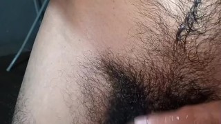 Late night jerking off. Hairy dude jacks his veiny smelly cock till cumming on chest, armpits, bushy