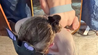 Ginger pup has shaking orgasm plugged with a dildo
