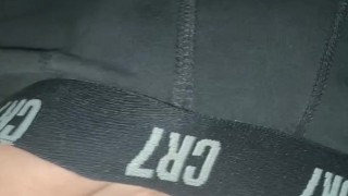 Horny teen, play with bulge and dick after work.