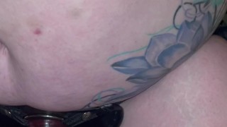 Sissy slut takes huge pink strap on from huge tit dom