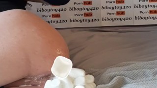 Anal Twink insert 24+ large Marshmallow up his ass till creamy huge anal prolapse.
