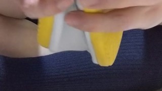 dressed as a woman shows off the soles of the slippers and dark blue socks she foun