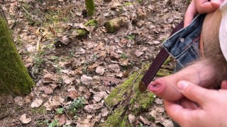 Spring outdoor pissing in the forest by horny man with hairy uncut boner. Pee on camera