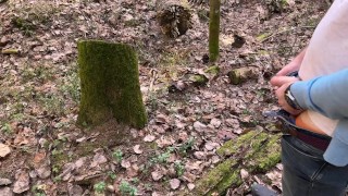 Spring outdoor pissing in the forest by horny man with hairy uncut boner. Pee on camera