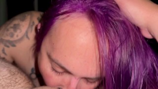 Purple-haired T4T slut goes down on trans boyfriend