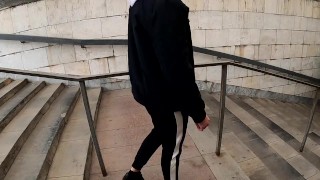 boy jerks off his big dick in an underground passage