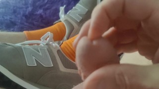 Gray sneakers, orange socks, cute cock and viscous cum