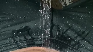 Pissed on with clothes outdoor