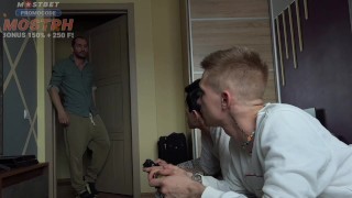 Stepfather and stepson fuck cute friends while they play console