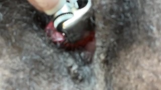 hairy ebony pussy swallows and squirts out lighter