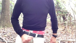 Public wanking in the woods. Sagging in my AE Boxers. I jerk-off and cum in the woods.