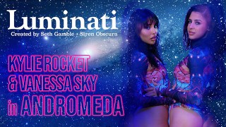 LUCIDFLIX Gorgeous brunettes Kylie Rocket & Vanessa Sky space out with a hard cock