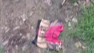 Pissing and cumming on a pair of underwear in the woods