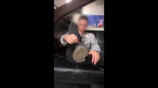 twink with long hair get horny in his living room and jerk off till he cum destroying his underwear