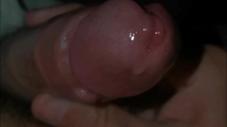 very close-up red head and fresh cock juice