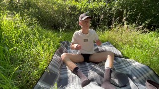Young guy fucks himself between the fields