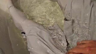 Wet in bath and cum in white transparent sport clothes. Lululemon, gymshark, nike
