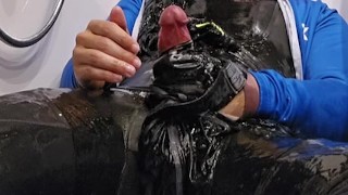 Ripping clothes and Handjob in slime wearing cycling clothes