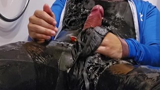 Ripping clothes and Handjob in slime wearing cycling clothes