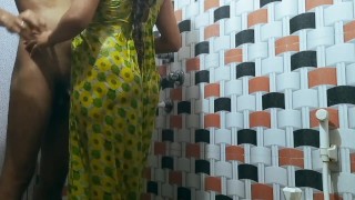 Indian housewife with her brother in law doing fun in bathroom