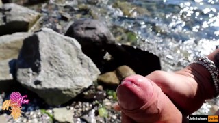 johnholmesjunior in nude beach public solo show and cum slow motion