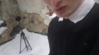 Schoolboy jerks off his dick during a break between classes in college