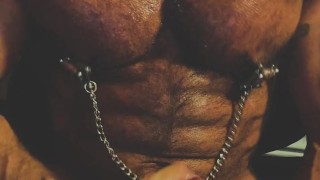 Muscle Pig milks his XXXL cock while flexing and clamping his nipples!