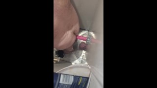 White kiwi nz bear uncut with Long tentacle dildo in ass in shower birds-eye-view