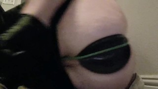 Giant 4"+ sinnovator thick plug under tights with g string always gapes my boy pussy huge