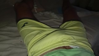 The Sexy Boy's Giant Cock Is Going to Burst in His Pants. Cum Squirts on His Hairy Balls