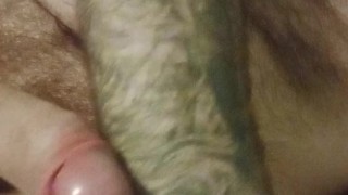 Bearded hairy man cumming on his own chest