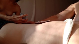 While my neighbor and I were playing cards, my girlfriend was licking my pussy under the table