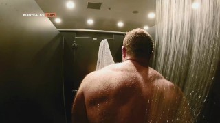 Two Powerlifting Jocks Jerk in Change Room Showers