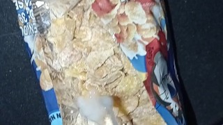 Breakfast for you / cereal with my CUM / fat cock masturbating
