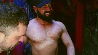 Sucking Two Hairy Muscle Bears in Alley Way
