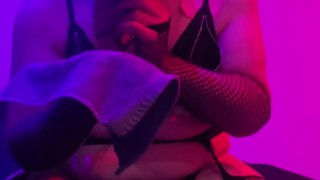Sissy bitch wanking its clit, licking the cum off its cumrag and apanking itself