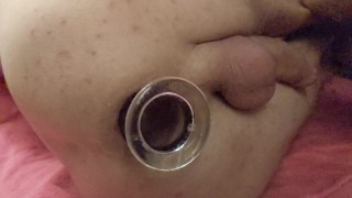 Close up big glass buttplug destroys my asshole