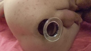 Close up big glass buttplug destroys my asshole