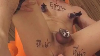 Sluty slave with chastity cage get fuck by fucking machine