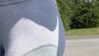 she couldn’t hold it and pees through her leggings in public