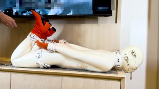White rubber girl pleasure, electric shock and drooling