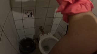 MILF in the public restrooms of a rest area is looking for a daddy to cum in her hot pussy