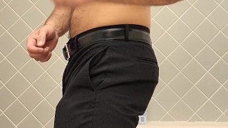 HAIRY MUSCLE BEAR FLEXING AND SHOWS OFF ARMPITS IN JUST DRESS PANTS
