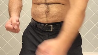 HAIRY MUSCLE BEAR FLEXING AND SHOWS OFF ARMPITS IN JUST DRESS PANTS