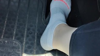 Revving my mini Cooper in my white ankle socks