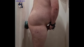 White kiwi bear in shower gets dildo after dildo deep in ass
