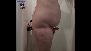 White kiwi bear in shower gets dildo after dildo deep in ass