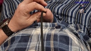 white kiwi bear in pyjamas sticks a urethral vibrator deep in his cock to his bladder and cumshot